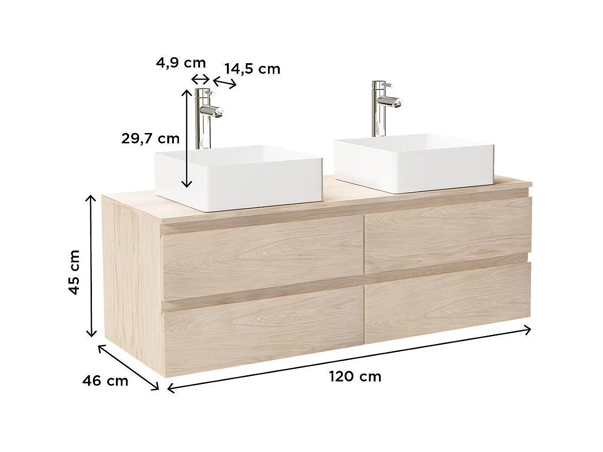 Ensemble double vasque suspendu avec plan bois, vasques et robinets 120 cm