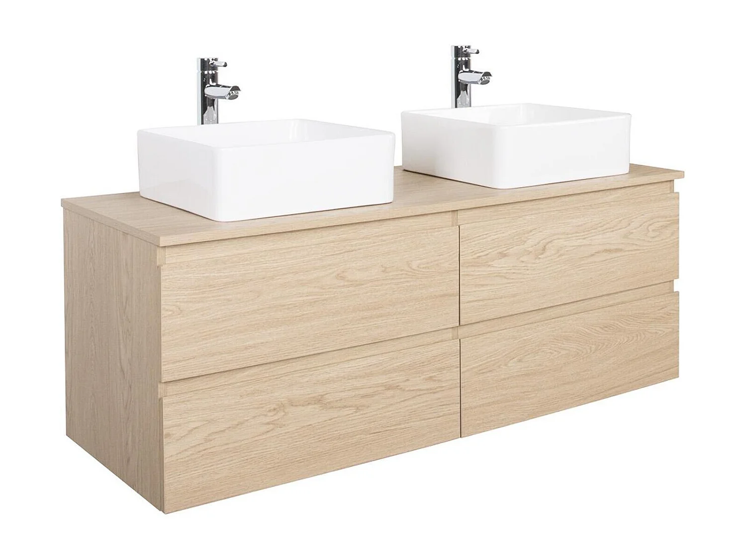 SORRENTO 120 cm wandgemonteerde dubbele spoelbak met houten blad, waskommen en kranen