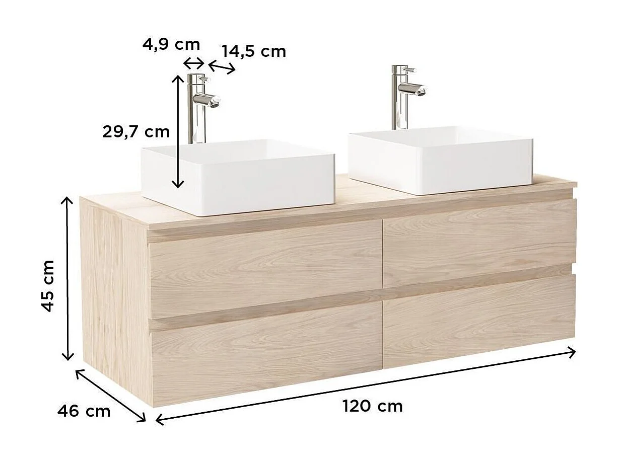 SORRENTO 120 cm wandgemonteerde dubbele spoelbak met houten blad, waskommen en kranen