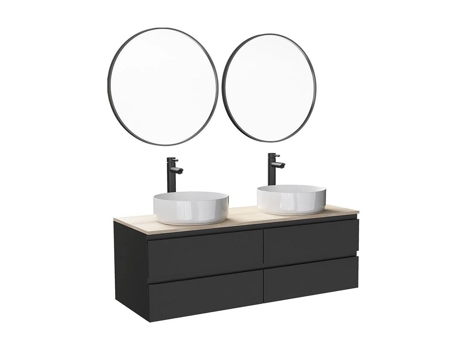 Ensemble double vasque suspendu avec plan bois, vasques, robinets et miroirs 120cm