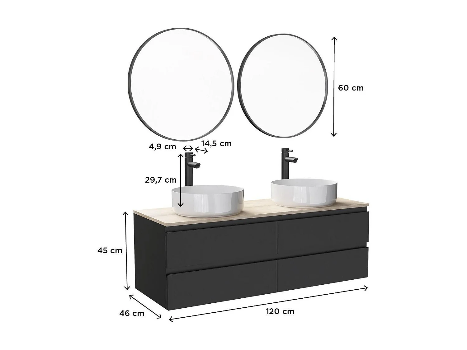 Ensemble double vasque suspendu avec plan bois, vasques, robinets et miroirs 120cm