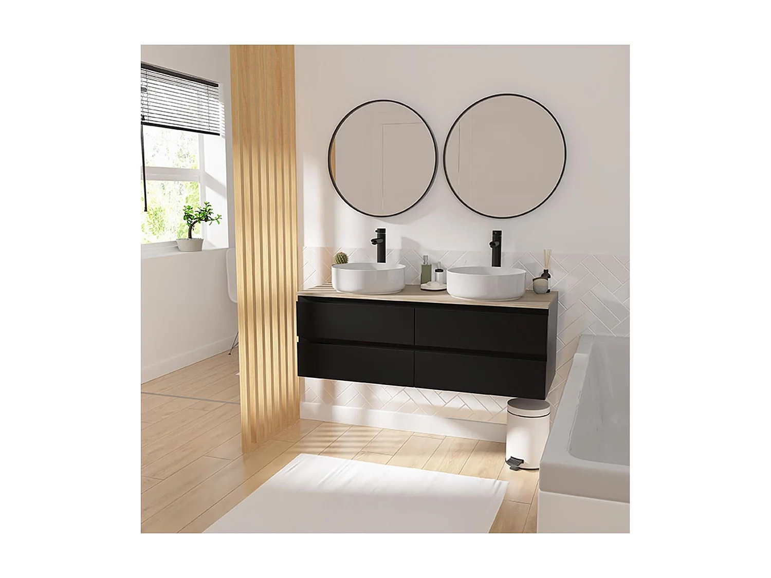 Ensemble double vasque suspendu avec plan bois, vasques, robinets et miroirs 120cm