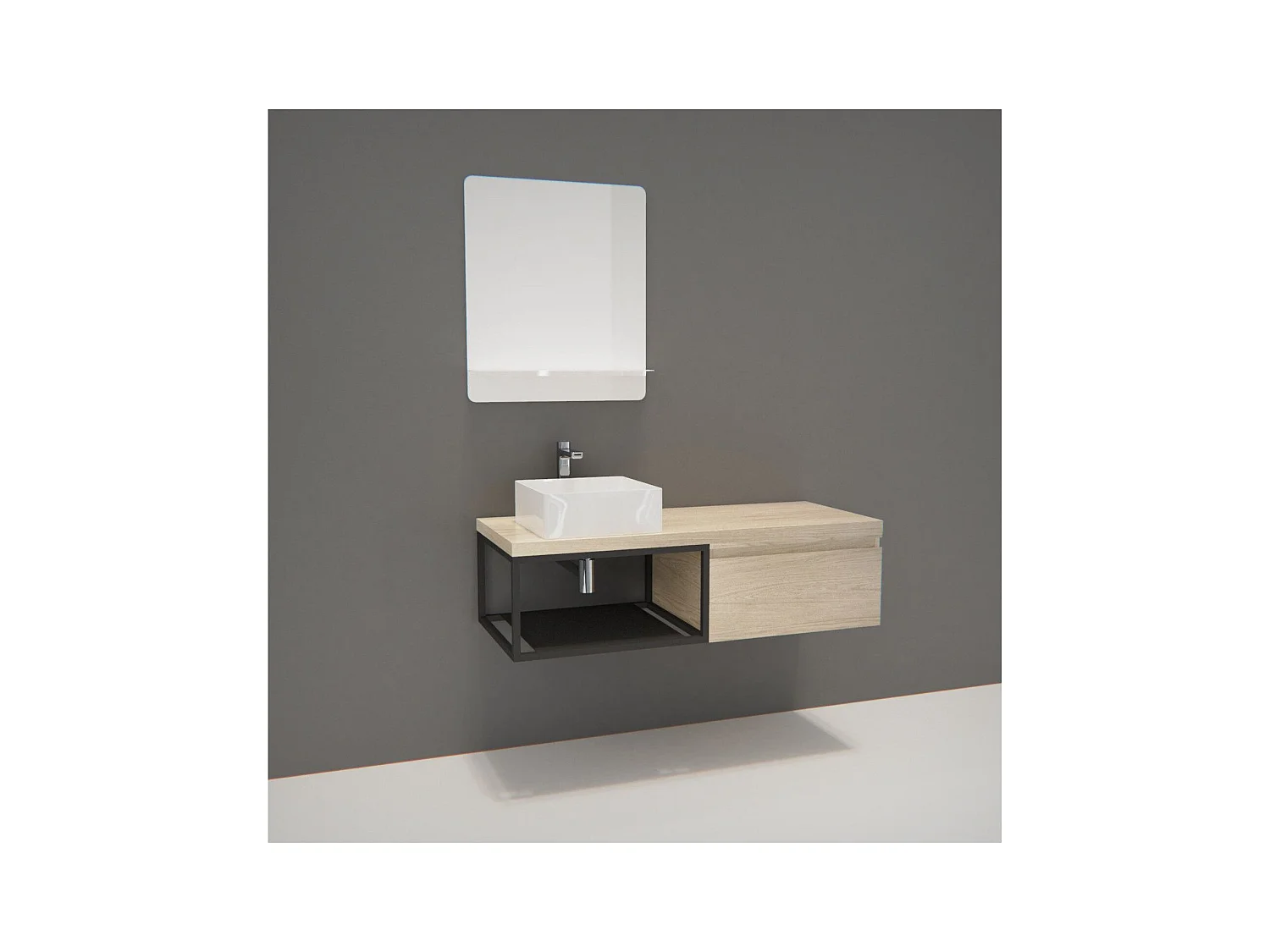 Meuble de Salle de Bain Bois et Métal WILL - Plan de toilette suspendu 120 cm + Vasque + Miroir