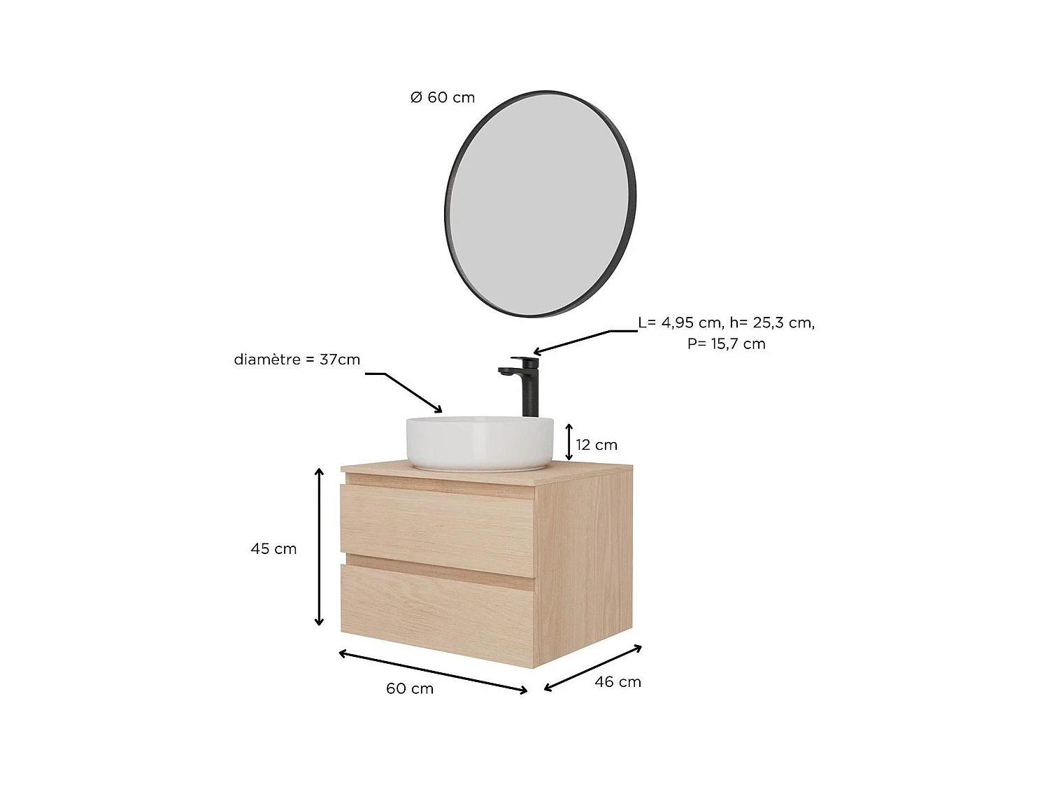 Ensemble meuble simple vasque 60 cm + vasque DIEGO + robinet ROB + miroir EMA