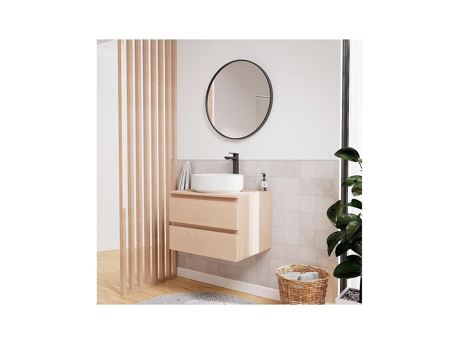 Ensemble meuble simple vasque 60 cm + vasque DIEGO + robinet ROB + miroir EMA