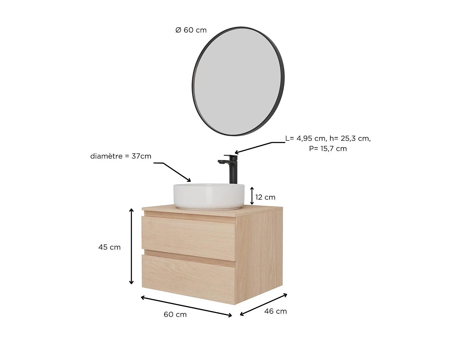 Conjunto mueble lavabo simple de 60 cm + lavabo + grifo + espejo SORRENTO