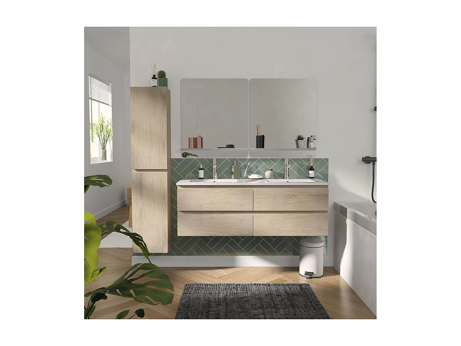 Ensemble meuble double vasque décor chêne 120cm + vasque + 2 miroirs + colonne