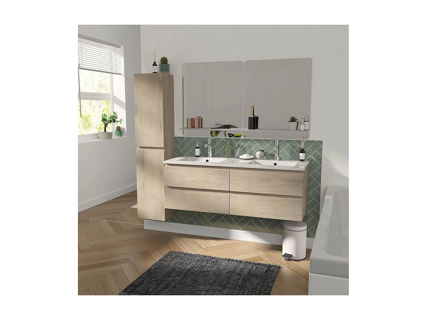Ensemble meuble double vasque décor chêne 120cm + vasque + 2 miroirs + colonne