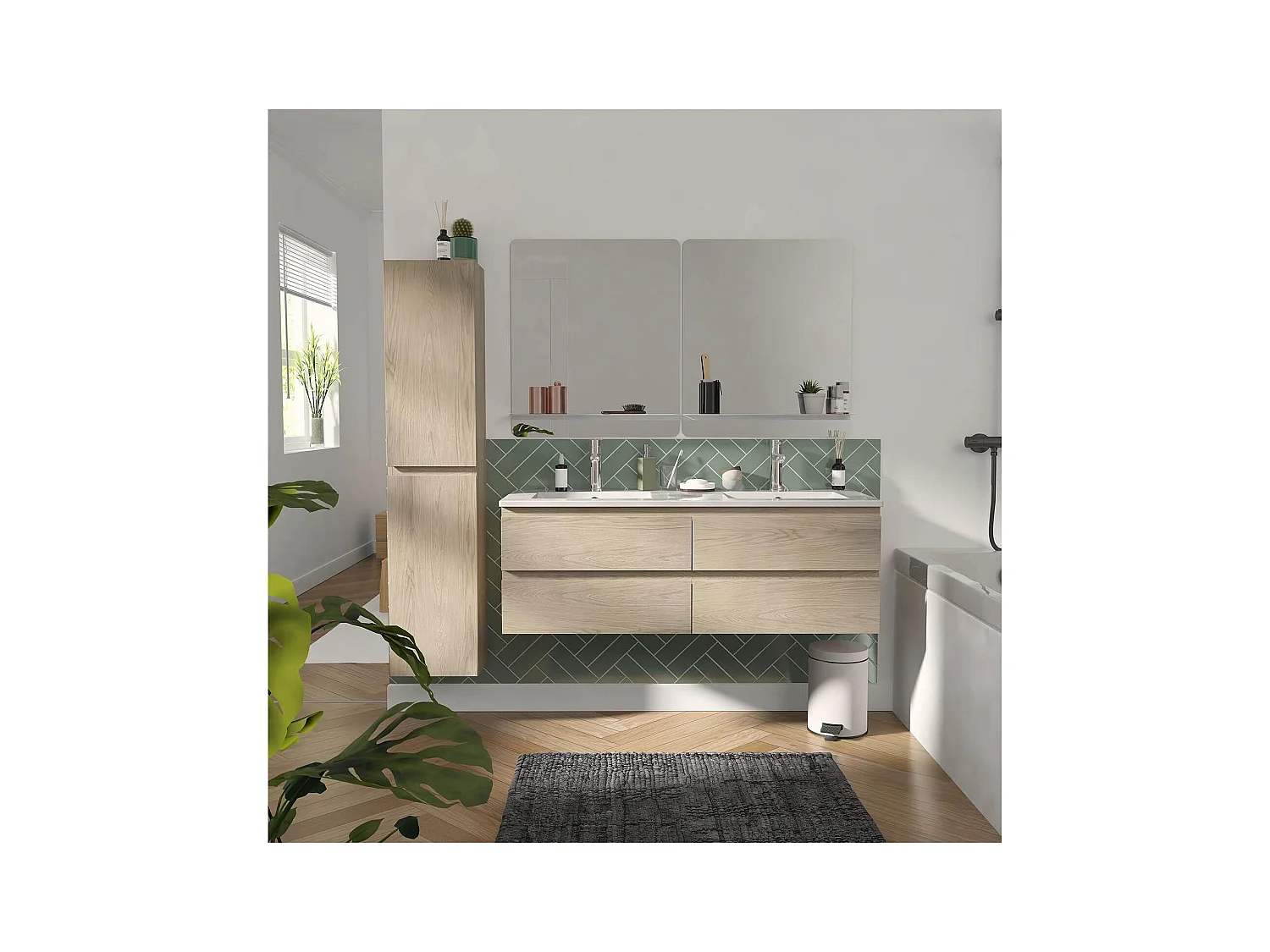 Ensemble meuble double vasque décor chêne 120cm + vasque + 2 miroirs + colonne
