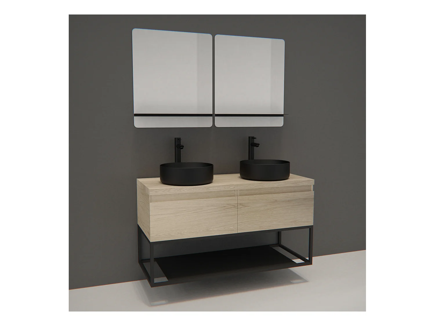 Meuble de salle de bain bois et métal avec vasques noires et miroirs WILL