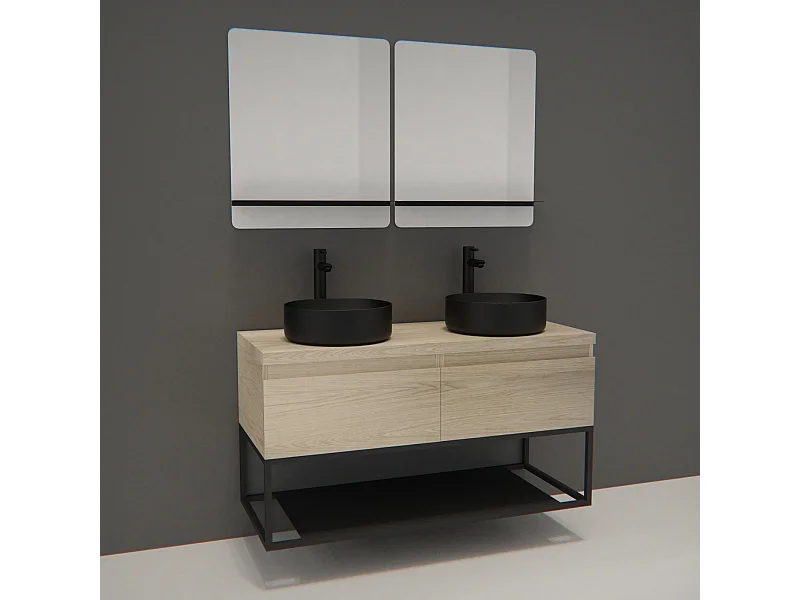 Meuble de salle de bain bois et métal avec vasques noires et miroirs WILL