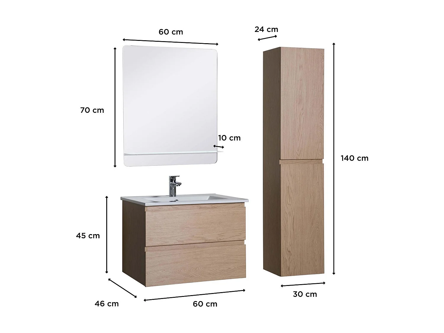 Einzelmöbel + Waschbecken + Spiegel + SORRENTO-Hochschrank