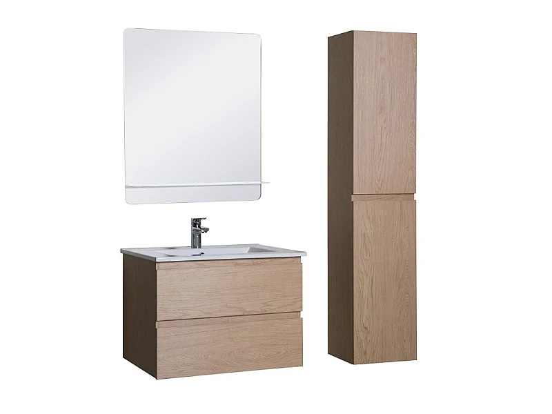 Meuble simple vasque 60cm avec vasque, miroir et colonne SORRENTO Décor chêne