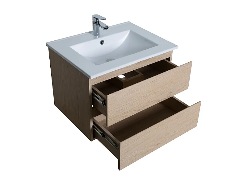 Meuble simple vasque 60cm avec vasque, miroir et colonne SORRENTO Décor chêne