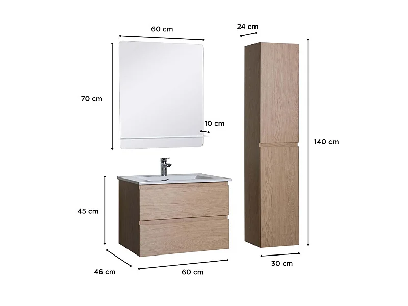 Meuble simple vasque 60cm avec vasque, miroir et colonne SORRENTO Décor chêne