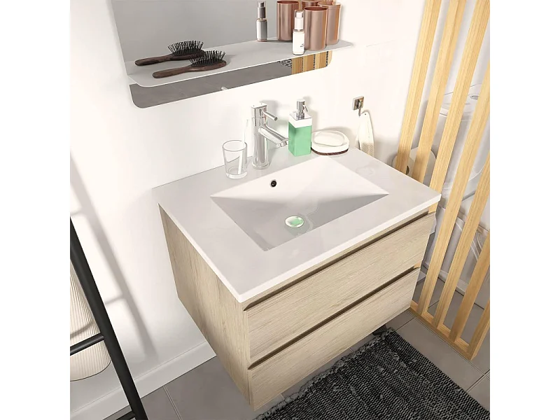 Meuble simple vasque 60cm avec vasque, miroir et colonne SORRENTO Décor chêne