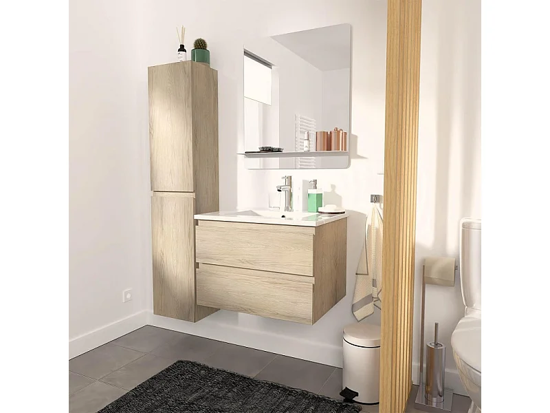 Meuble simple vasque 60cm avec vasque, miroir et colonne SORRENTO Décor chêne