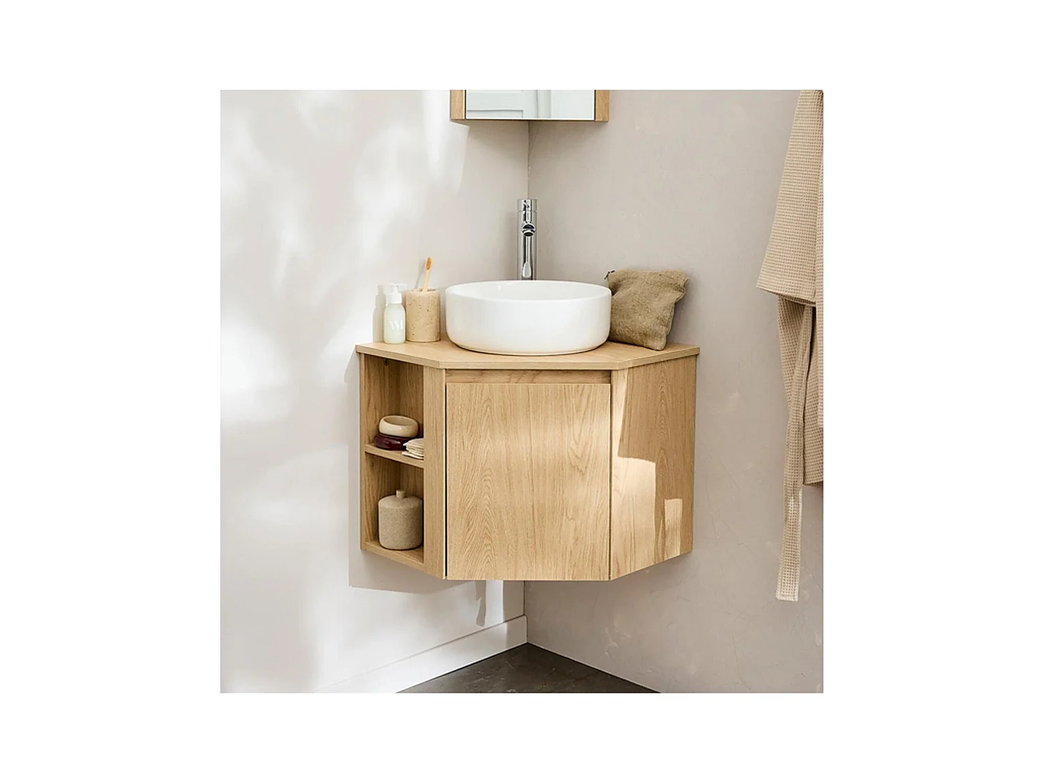 Ensemble meuble sous vasque d'angle avec vasque blanche