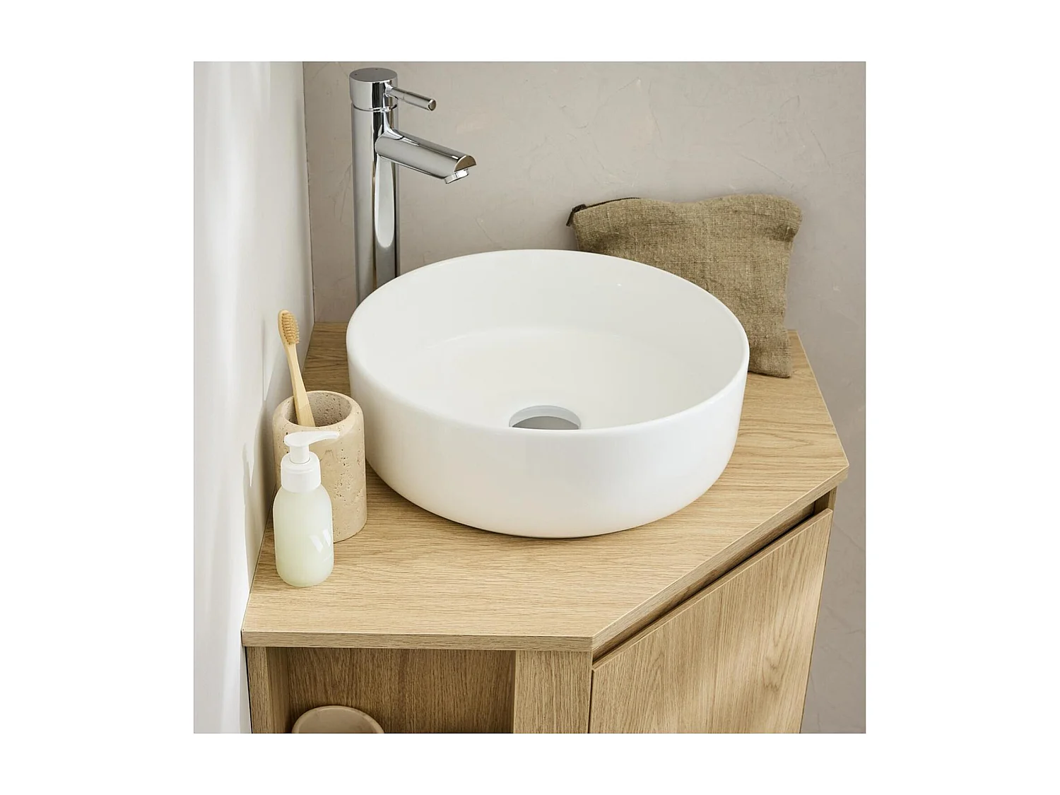 SORRENTO roble decorado lavabo individual rinconero + lavabo blanco