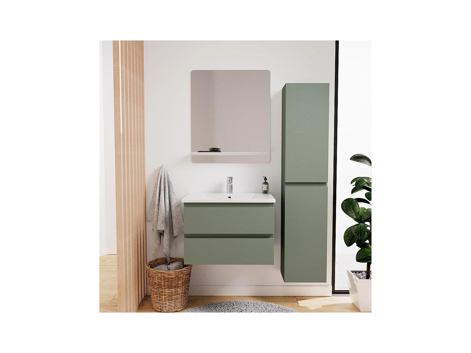 Ensemble simple vasque 60cm avec plan céramique, robinet chromé, miroir et colonne