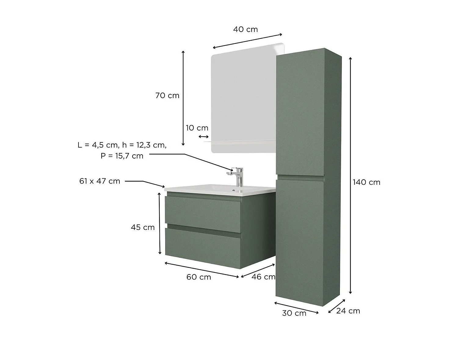 Enkele spoelbakset 60 cm + kraan + spiegel + SORRENTO kolom