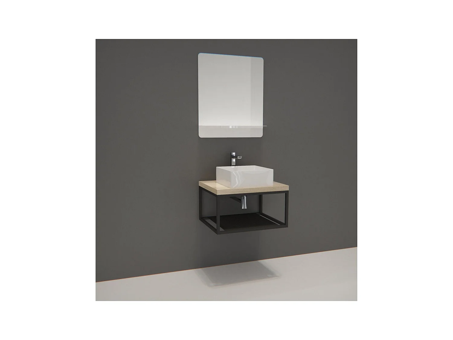 Meuble de Salle de Bain Bois et Métal WILL - Plan de toilette suspendu 60 cm + Structure métal Noir Mat + Vasque + Miroir
