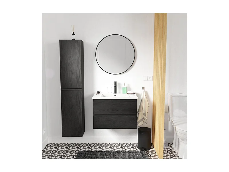 Ensemble meuble simple vasque 60cm décor chêne carbone + vasque + robinet + miroir + colonne