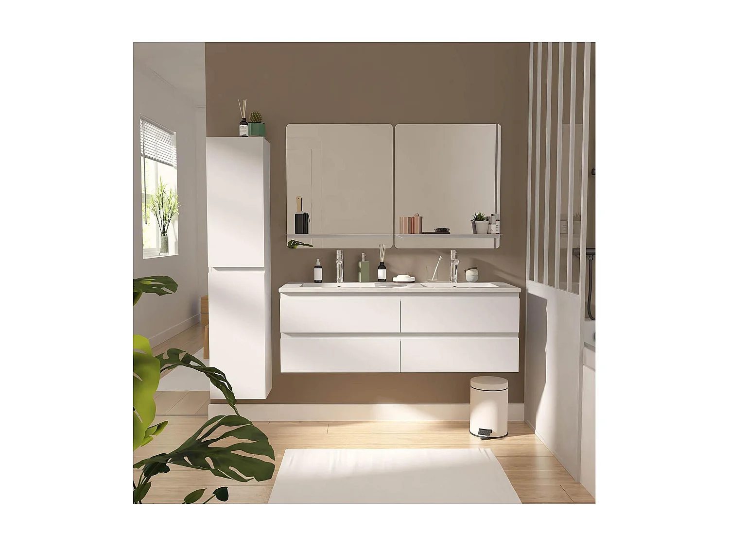 Ensemble double vasque 120cm avec plan céramique, robinets chromés, miroirs et colonne