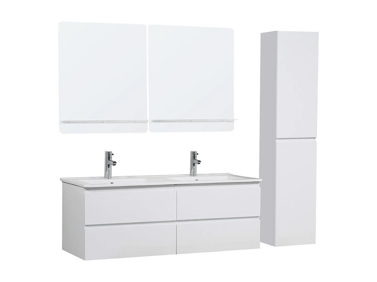 Ensemble double vasque 120cm avec plan céramique, robinets chromés, miroirs et colonne