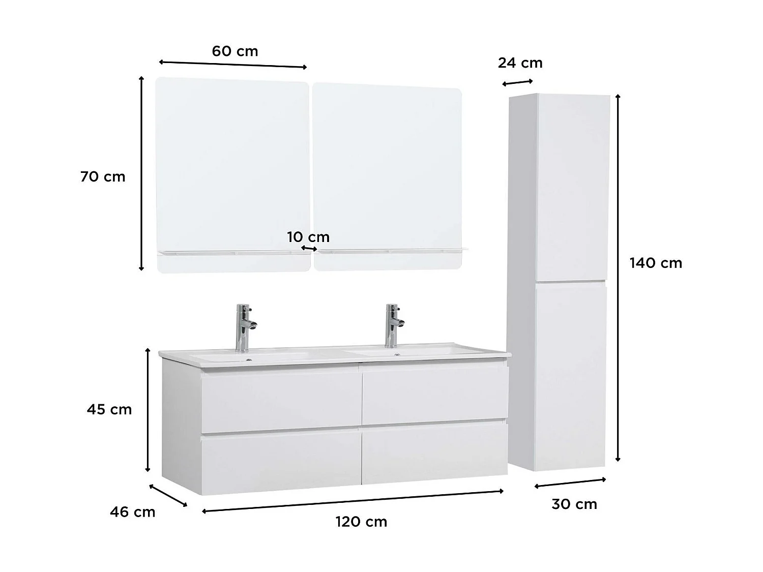 Ensemble double vasque 120cm avec plan céramique, robinets chromés, miroirs et colonne