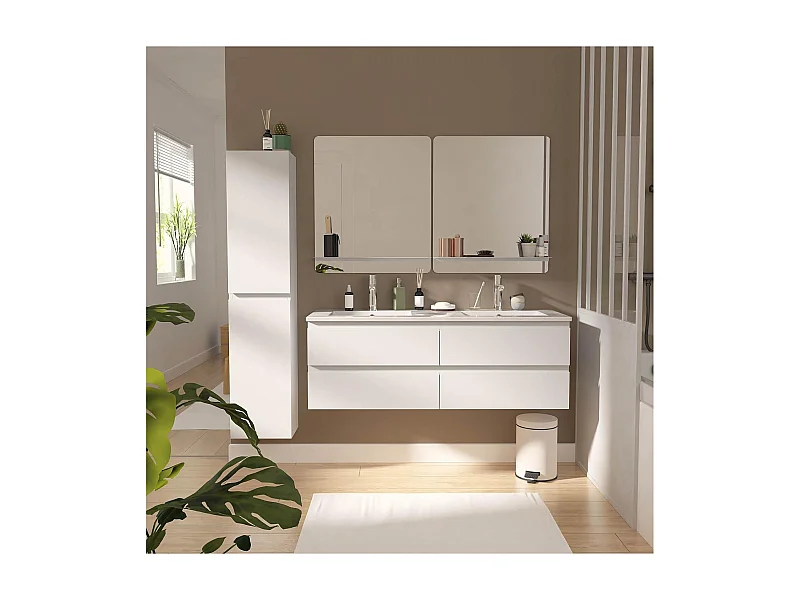 Ensemble double vasque 120cm avec plan céramique, robinets chromés, miroirs et colonne