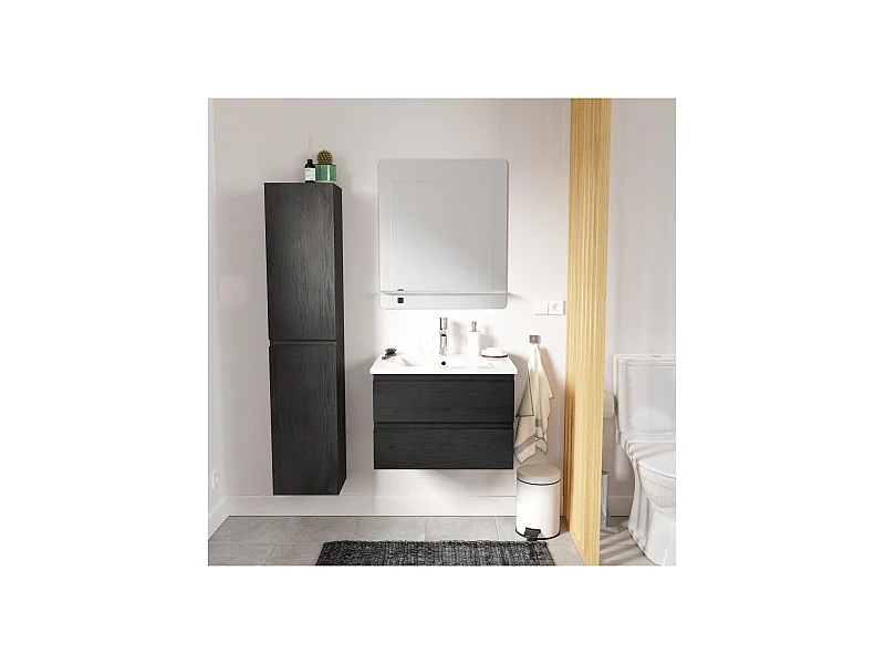 Ensemble simple vasque 60cm avec plan céramique, robinet chromé, miroir et colonne