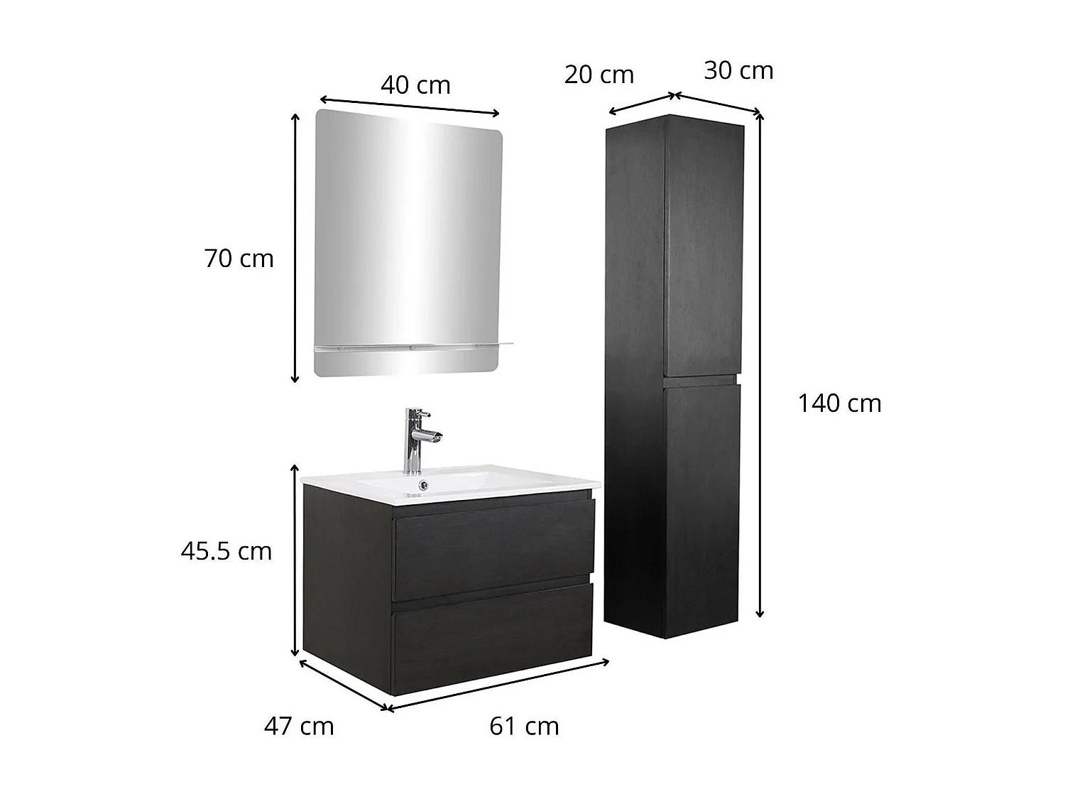 Enkele spoelbakset 60 cm + kraan + spiegel + SORRENTO kolom