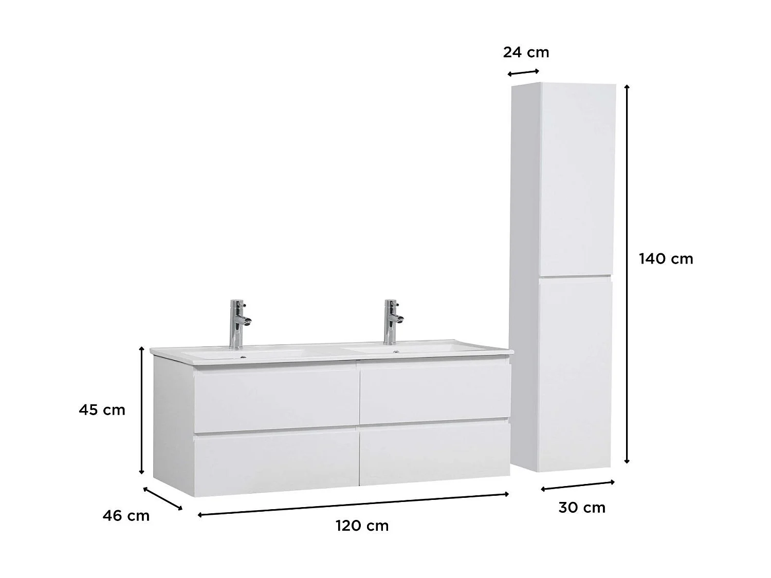 Ensemble meuble double vasque blanc 120cm + vasque + colonne