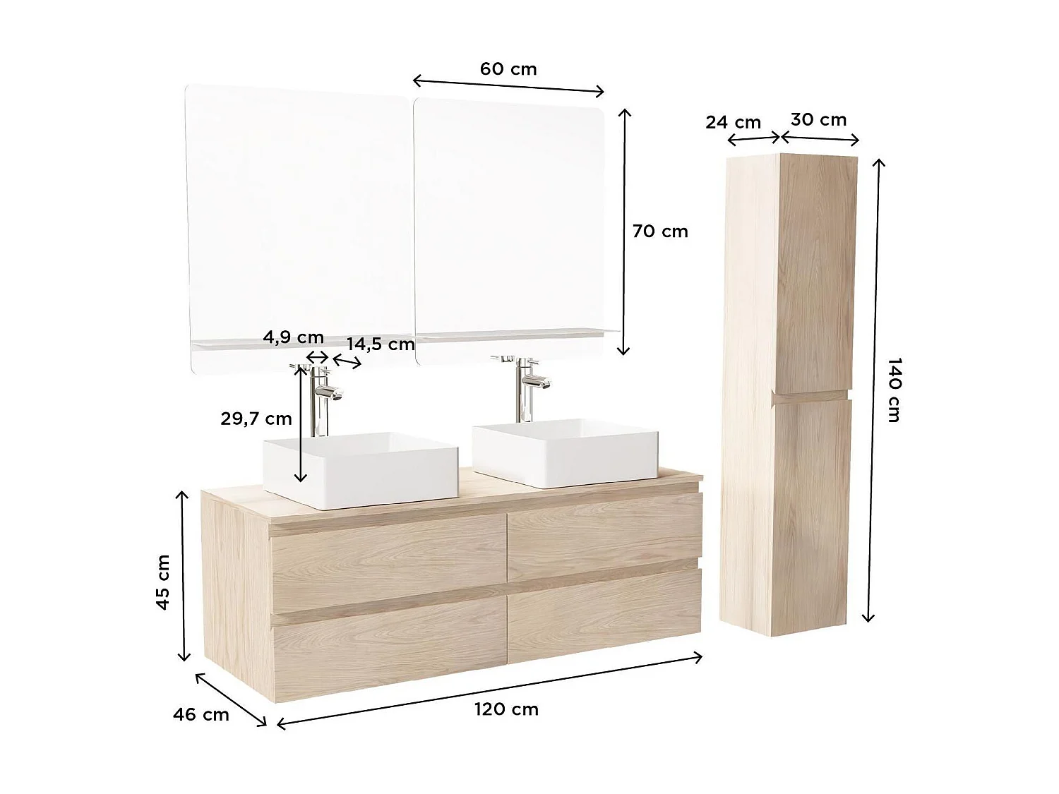 SORRENTO 120 cm Wand-Doppelwaschbecken