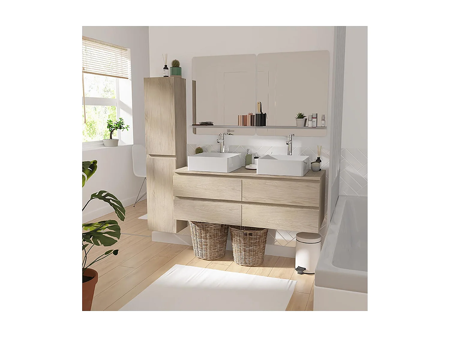 Ensemble double vasque suspendu 120cm avec plan bois, vasques, robinets, miroirs et colonne