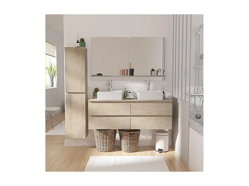 Ensemble double vasque suspendu 120cm avec plan bois, vasques, robinets, miroirs et colonne
