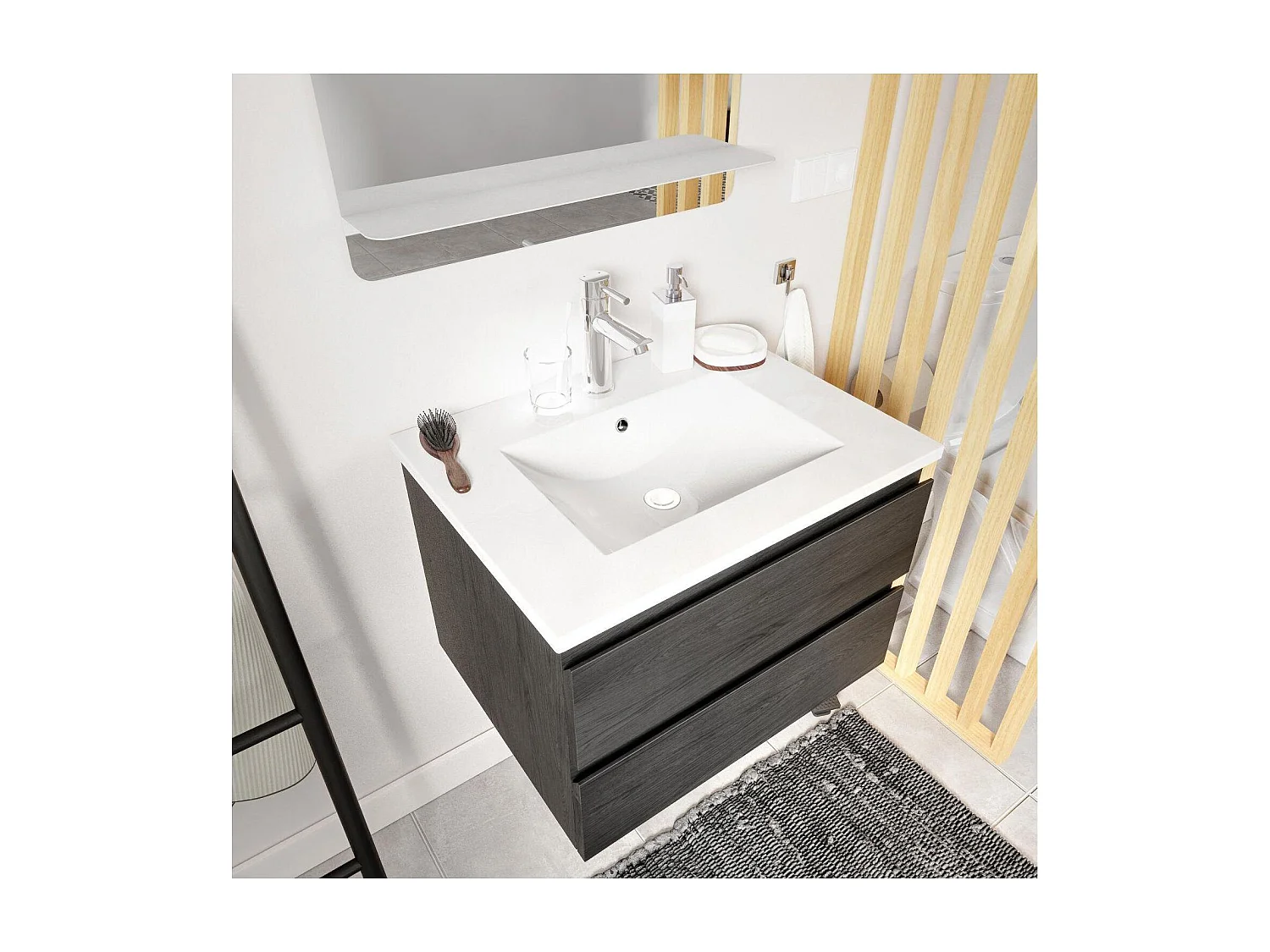 Einzelwaschtisch-Set 60 cm mit Keramikplatte und Chromhahn SORRENTO