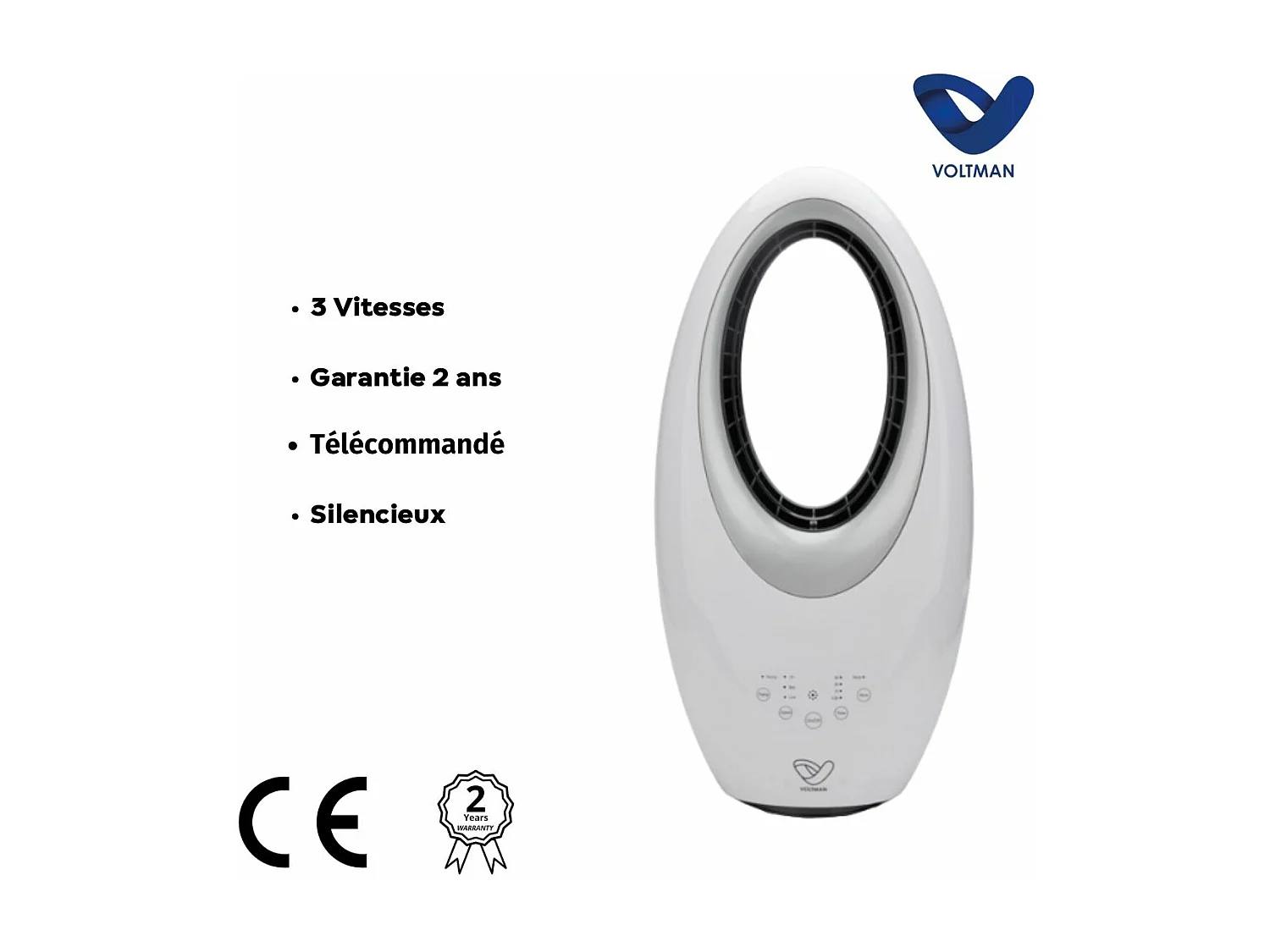 Ventilateur colonne Blanc silencieux et oscillant - 60W - Télécommande 3 vitesses - Voltman