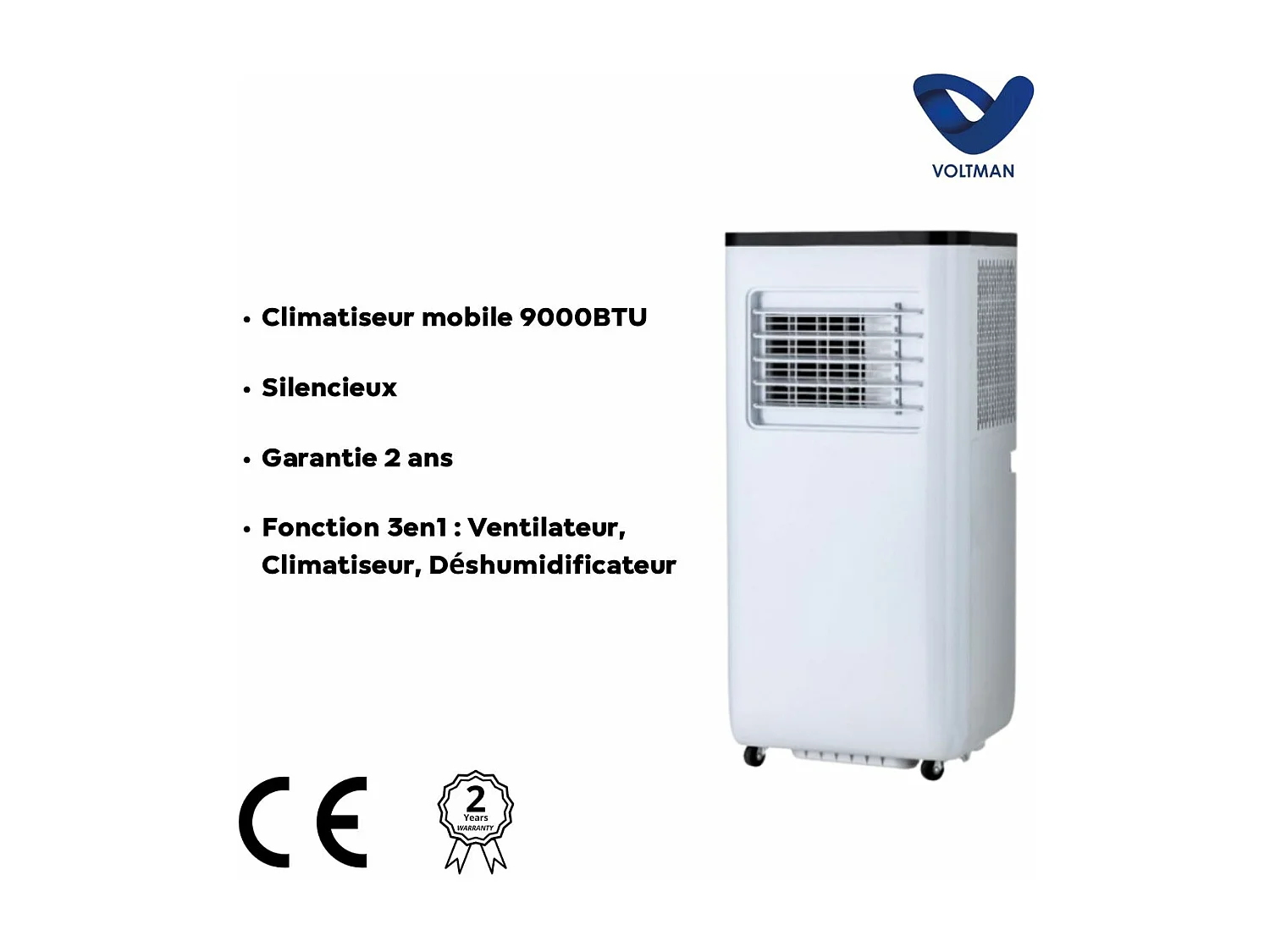 Climatiseur ventilateur déshumidificateur silencieux 2600W Classe A - Voltman