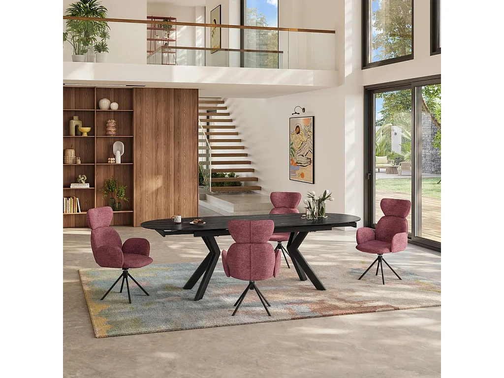 Habitat - Lot de 2 chaises pivotantes en tissu et métal noir avec accoudoirs - Rouge parme - Omida