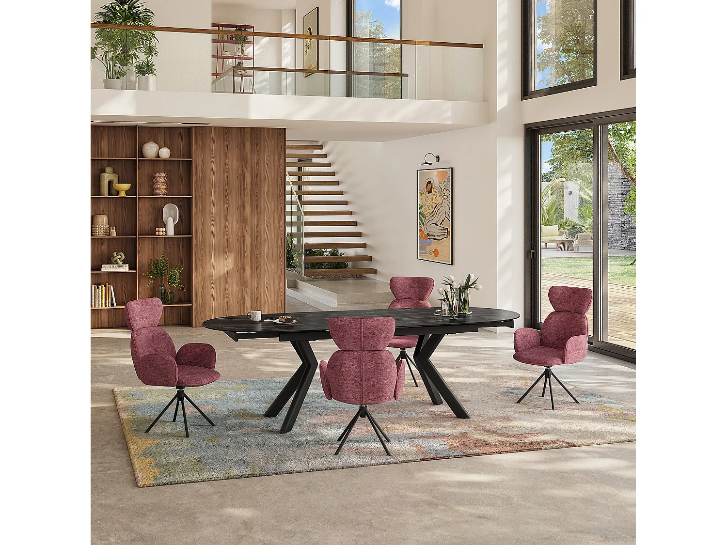 Habitat - Lot de 2 chaises pivotantes en tissu et métal noir avec accoudoirs - Rouge parme - Omida