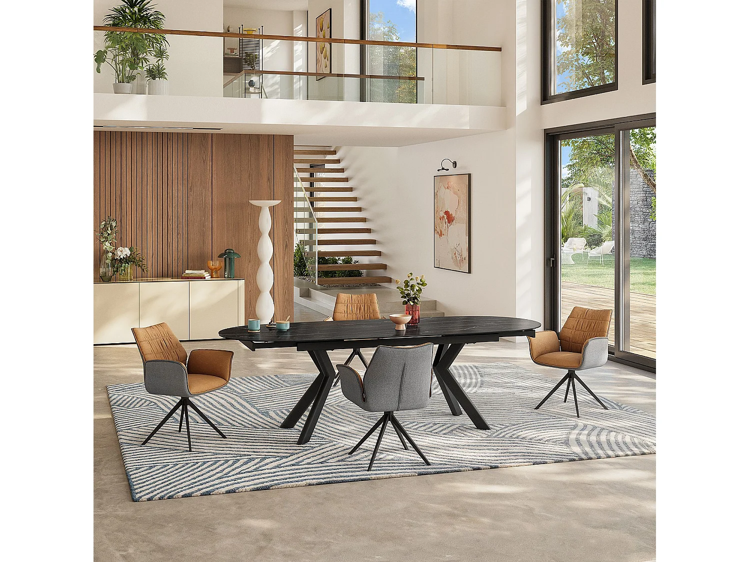 Habitat - Chaise en tissu et métal noir avec accoudoirs - Ocre et gris - Milina