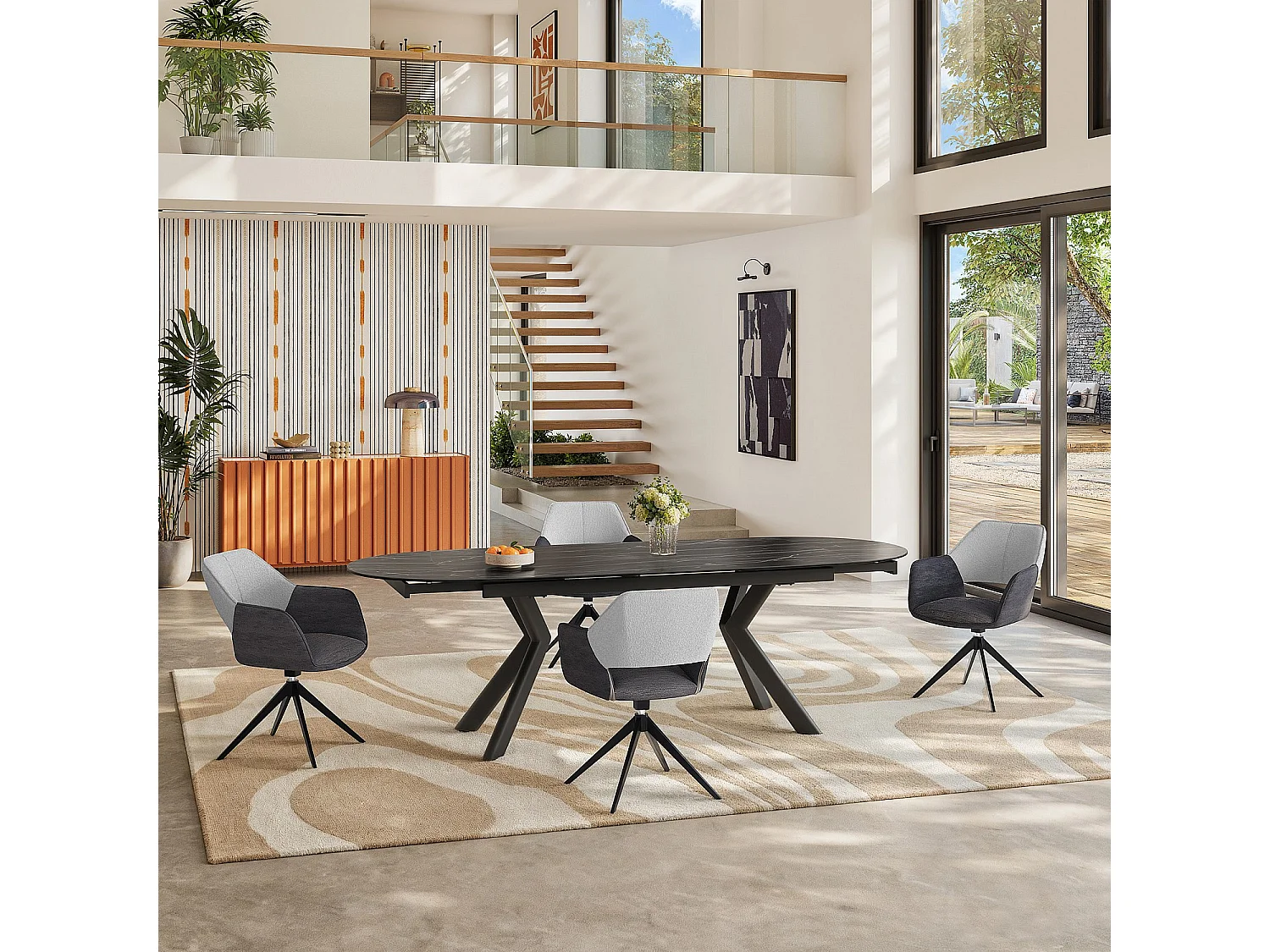 Habitat - Chaise pivotante en tissu et métal noir avec accoudoirs - Gris ardoise et grège - Protar