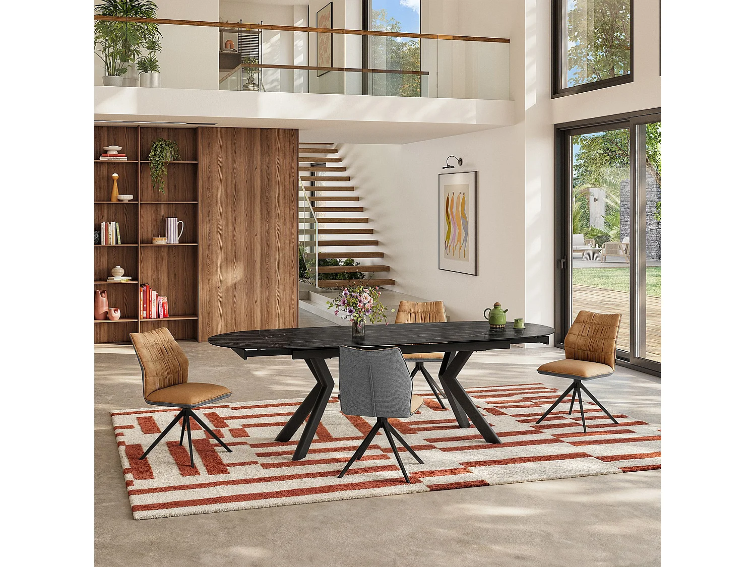 Habitat - Lot de 2 chaises en tissu et métal noir - Ocre et gris - Milina