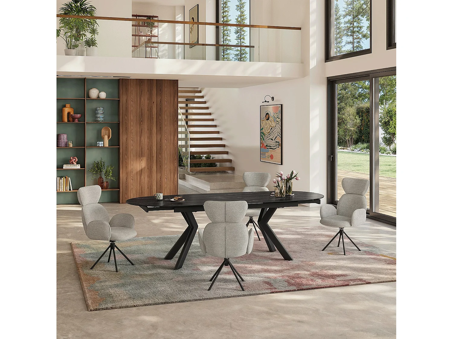 Habitat - Lot de 2 chaises pivotantes en tissu et métal noir avec accoudoirs - Gris perle - Omida