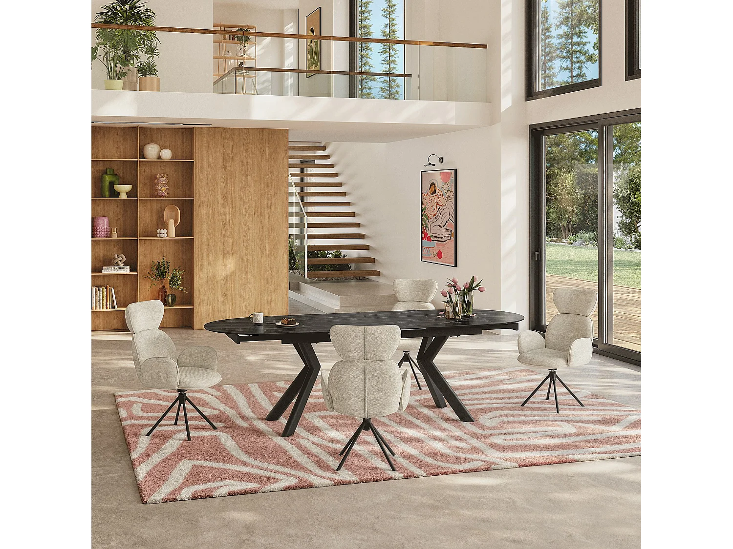 Habitat - Lot de 2 chaises pivotantes en tissu et métal noir avec accoudoirs - Sable blanc - Omida