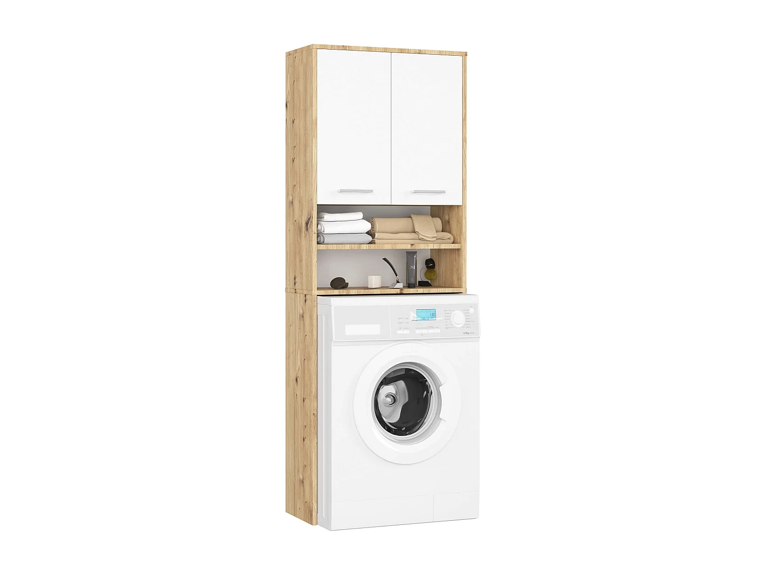 Waschmaschinenschrank AKORD FIN Badschrank Artisan Eiche 64 cm breit 2 Türen 4 Ebenen Front Weiß B64 x H180 x T30 cm