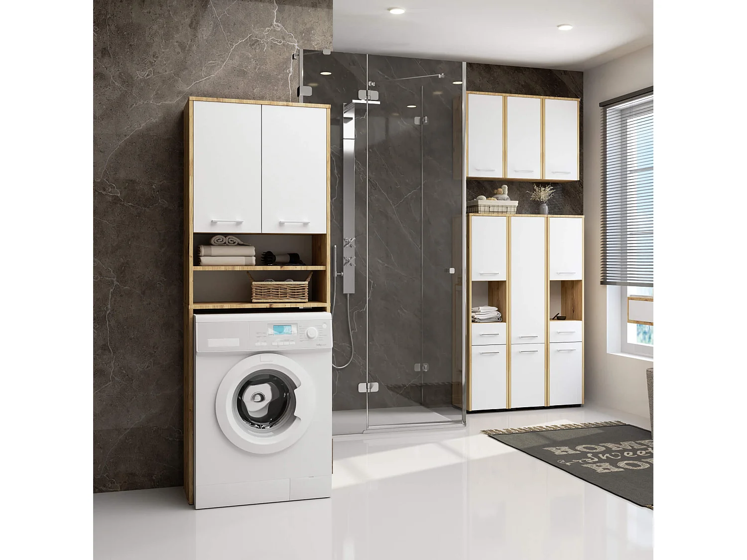 Badkamerkast voor Wasmachine FIN / Hoge Wasmachinekast met 2 Deuren / AKORD Furniture Factory / Artisan Eik - Wit / 65 x 180 x 30 cm