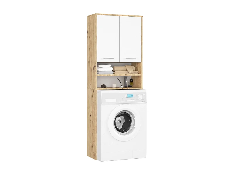 Colonna da bagno AKORD FIN per incasso di una lavatrice Quercia Artisan 64 cm 2 ante inserto frontale Bianco 64x30x180 cm